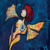 Colorful abstract painting of a woman with red hair, butterfly wings, and dotted body on a blue, starry background. “Manifesting Your Greatness” by Schiffer Publishing, Ltd. evokes the inspiring energy of wisdom cards.