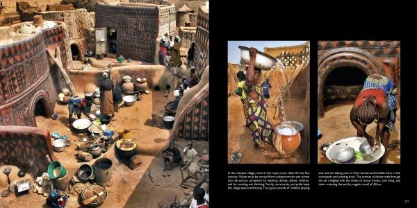 An overhead view from "Villages of West Africa" by Schiffer Publishing, Ltd. reveals vernacular village life—people cook, do daily tasks, and women carry water amid large bowls and geometric wall patterns that highlight tribal artistry.
