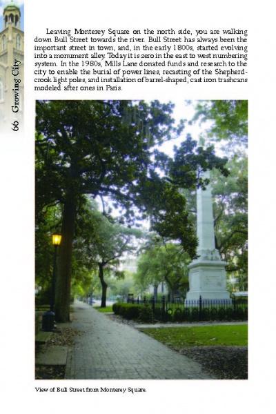 A photo labeled as the view of Bull Street from Monterey Square showcases historic architecture featured in Savannah Architectural Tours by Schiffer Publishing, Ltd.—a perfect guide for exploring Savannah’s classic walking tour stops.