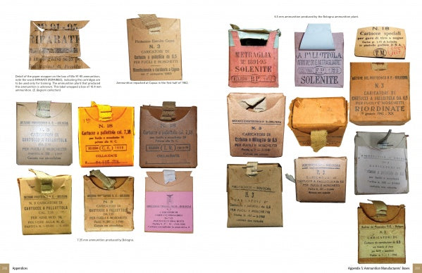 A curated array of vintage Italian and foreign ammo cartons, many tied to the Model 1891 Carcano Rifle’s legacy, displayed in rows—each labeled by caliber and maker. Featured by Schiffer Publishing, Ltd.