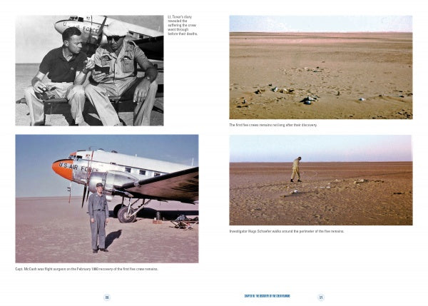 Four images from "No Way Out" by Schiffer Publishing, Ltd.: Men study an object by a plane; a man stands by the B-24 Lady Be Good in the desert; Libyan Desert scenes with tracks; and a man investigates the WWII bomber’s fate.