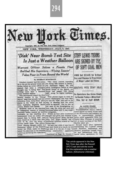 A black-and-white image from Schiffer Publishing, Ltd.'s "UFOs Over New Mexico" shows the July 9, 1947 New York Times front page with the headline about the Roswell crash, describing UFO sightings in New Mexico.