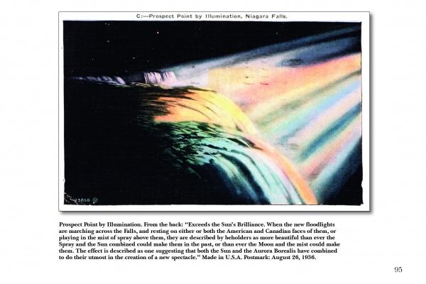 A vibrant, illuminated view of Niagara Falls at night, with beams of color lighting up the falls—just like scenes from "Greetings from Niagara Falls" by Schiffer Publishing, Ltd.