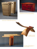 Four unique handcrafted furniture items: two light wood hampers, a red wooden chest, a sculptural curved table, and the "Bespoke" table by Schiffer Publishing, Ltd., featuring an angular top and geometric base.
