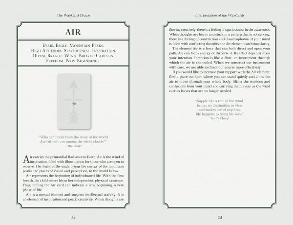 An open book from The WayCard Oracle by Schiffer Publishing, Ltd. shows the Air card spread, featuring keywords, a quote, interpretations, and an upward arrow with feathers on the left page; both pages have text in decorative frames.