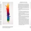 A spread from "Tapestry Design Basics and Beyond" by Schiffer Publishing, Ltd. displays two text columns with central and right textile samples: a rainbow gradient and blue-white zigzag, illustrating advanced tapestry weaving concepts.