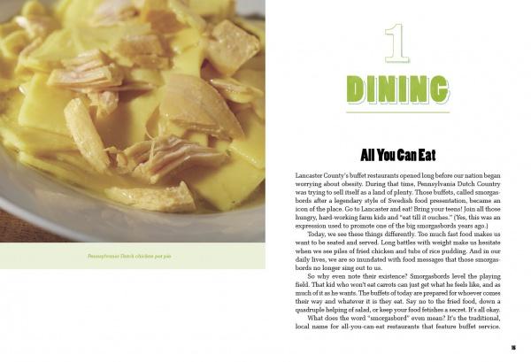 A plate of Pennsylvania Dutch chicken pot pie with wide noodles and chicken in yellow sauce sits on a green surface. On the right, Schiffer Publishing's "Lancaster County Bucket List" highlights authentic Amish buffet dining experiences.