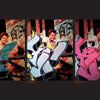 Three panels from KOLORSTORM by Schiffer Publishing, Ltd. show a man and woman smiling before NYC graffiti art. Each panel has Graffantasy-style graffiti in green, silver, or pink, while the background stays the same.