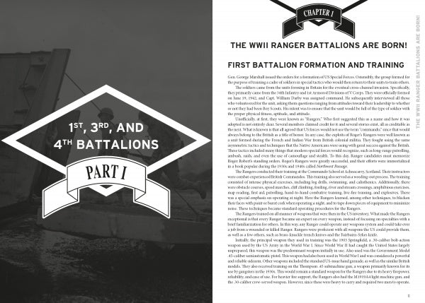 A black-and-white photo of a soldier exiting a landing craft appears behind a diamond graphic reading 1st, 3rd, and 4th Battalions, Part I. To the right is a two-column chapter from "Rangers Led the Way" by Schiffer Publishing, Ltd. about WWII Rangers’ vital role.