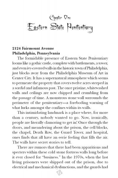 A page from Schiffer Publishing, Ltd.'s "Philadelphia Haunts" describes the eerie atmosphere of Eastern State Penitentiary, highlighting its guard towers, thick stone walls, and chilling ghost stories from Philadelphia's haunted history.