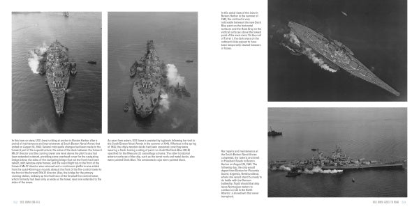 Four black-and-white photos of the USS Iowa (BB-61) at sea—shown from above and the side, some firing guns with smoke rising. Text descriptions appear beside each photo. From Schiffer Publishing, Ltd.