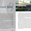 An open book, Hudson Valley History and Mystery by Schiffer Publishing, Ltd., shows a left page titled Croton Point with faint butterfly illustrations and text, while the right page features a sunset photo of a rocky shoreline and tales of mysterious sites above descriptive text.