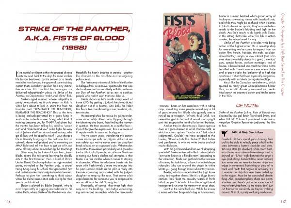 A two-page spread in Mine's Bigger Than Yours by Schiffer Publishing, Ltd. reviews the 1988 film Strike of the Panther. Its layout features text columns, a bold title, and a movie poster image—ideal for classic action cinema fans.