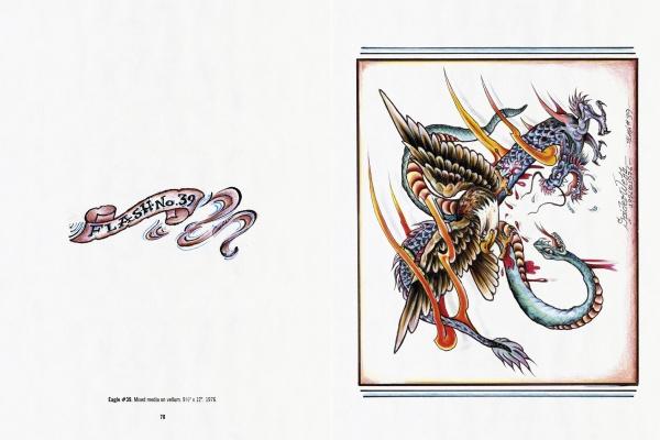 The left page shows "Flash No. 39." The right displays Spider Webb's American Eagle Tattoo Flash: a fierce eagle battling a green dragon, both in bold colors—by Schiffer Publishing, Ltd.