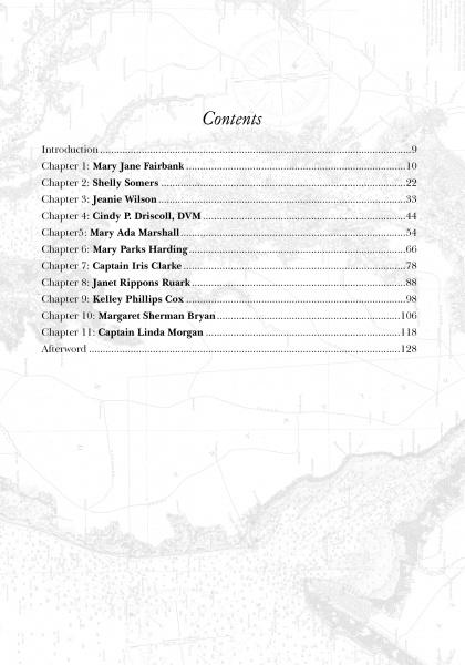 The contents page of Chesapeake Women by Schiffer Publishing, Ltd. features an Introduction, ten chapters each named after a woman, and an Afterword with page numbers. A faint nautical map in the background evokes Chesapeake Bay’s heritage.