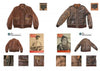 A catalog-style image of Rugged Style War—Rome by Schiffer Publishing, Ltd. displays four brown leather vintage military jackets, two LIFE magazine covers, detailed jacket close-ups, and tags, all arranged on a white background.