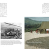 A two-page spread from Schiffer Publishing, Ltd.'s Bell 47/H-13 Sioux Helicopter book shows black-and-white photos of helicopters and personnel on the left, and a color image of a medical tent, helicopter, and mountains on the right, with text above and below.