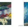On the left, "Fire and Light" by Schiffer Publishing, Ltd.: a vivid garden scene with flowers, green umbrella, and white cottages; on the right, a portrait of a woman in a white dress against blue-green.