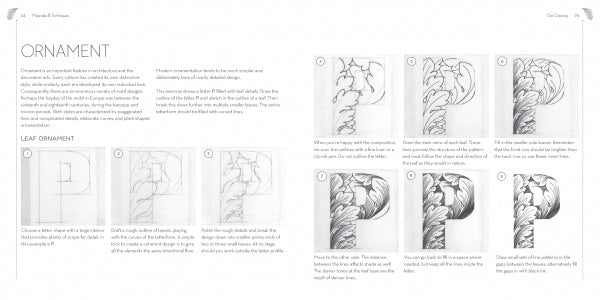 Dot Drawing by Schiffer Publishing, Ltd. offers step-by-step sketches and text instructions for drawing a leaf ornament around the letter P, including detailed stippling techniques for shading.