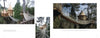 Tree Houses Reimagined by Schiffer Publishing, Ltd. features a wooden treehouse with round turrets and a long rope bridge connecting to a deck, nestled among tall trees—an idyllic garden retreat. Multiple views of the treehouse and bridge are included.