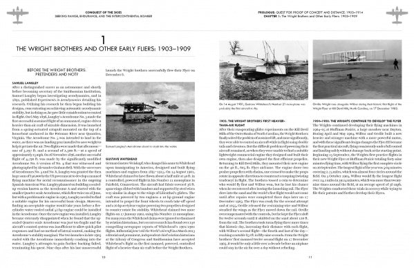 Two pages from "Conquest of the Skies" by Schiffer Publishing, Ltd. feature three black-and-white photos and columns of text tracing aviation history from 1903–1909, before the era of military aircraft or inflight refueling.