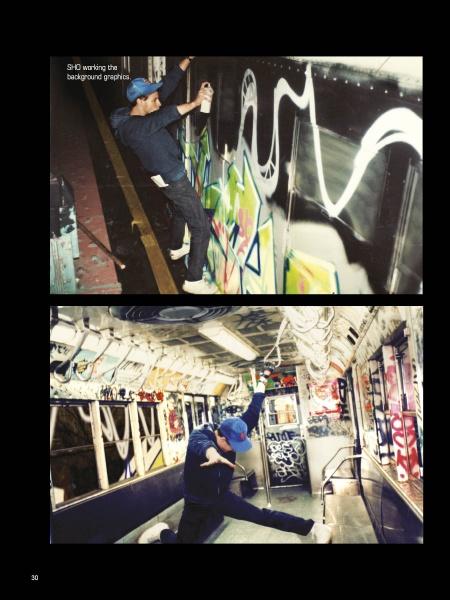 Top: Person spray painting a graffiti mural at night. Bottom: Person in a blue cap poses inside a NYC subway car covered in vibrant graffiti, as seen in "New York City Graffiti" by Schiffer Publishing, Ltd.