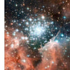 A bright cluster of stars glows in a colorful nebula, with orange and blue clouds, resembling Hubble images—just like the inspiring art featured on the Sacred Space Meditation Cards by Schiffer Publishing, Ltd.