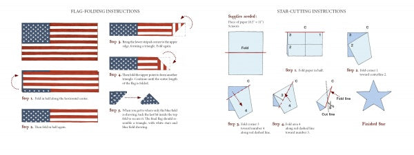 America's Flag Story by Schiffer Publishing, Ltd. features step-by-step instructions and diagrams for folding the American flag and cutting a five-pointed star—ideal for children learning about flag history and patriotic crafts.