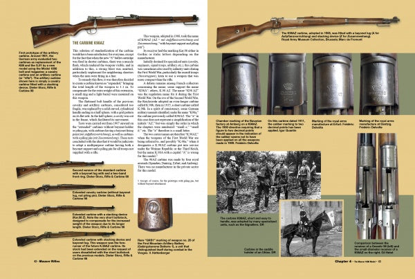 Mauser Rifles, Vol. 1 from Schiffer Publishing, Ltd. features detailed historical info and photos of Mauser rifles, including close-ups of Karabiner 98k markings, WWII soldiers, and various rifle components.