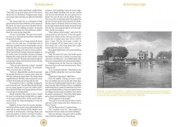 A spread from "The Outlaw Gunner" by Schiffer Publishing, Ltd.: the left page shows headers "The Outlaw Guinea" and "My River Chapter Eight," while the right features a Chesapeake Bay house photo and text on its hunting legacy.