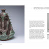 On the left, a green and brown ceramic sculpture is shown; on the right, an arched ceramic piece appears next to text about Schiffer Publishing, Ltd.'s "From Storage to Studio" at The Clay Studio.