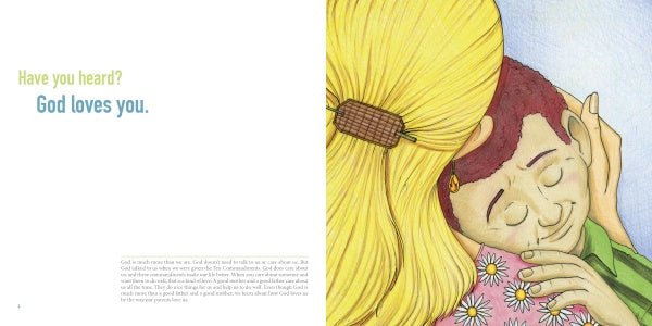 A blonde woman with a hair clip hugs a smiling boy with short brown hair on a light blue, yellow-patterned background. The left page reads, "Have you heard? God loves you." "Have You Heard?" is a Schiffer Publishing, Ltd. children's religious book.