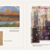 A two-page spread from "Inspiration Kantha" by Schiffer Publishing, Ltd. displays colorful quilted textile art—landscapes, abstract vertical patterns, close-up detail images, and a corner fold revealing kantha quilting stitches on the left page.