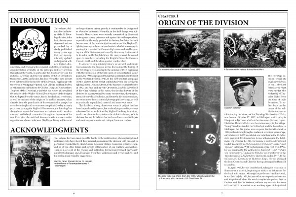 A spread from "The 3rd Waffen-SS Panzer Division Totenkopf, 1939-1943" by Schiffer Publishing, Ltd. shows a skull illustration, acknowledgments, photos of division members, and details on its Eastern Front WWII origins.