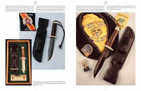 Two pages in "SOG Knives and More from America's War in Southeast Asia" (Schiffer Publishing, Ltd.) showcase Vietnam War military knives with black sheaths, a patch, a lighter, a "CCN Special Forces" hat, medals, and a badge.