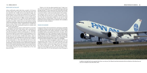 An Airbus A300/310 in Pan Am blue and white livery takes off with landing gear down. This image by Schiffer Publishing, Ltd. appears across a magazine or book spread, descriptive text shown on the left page.