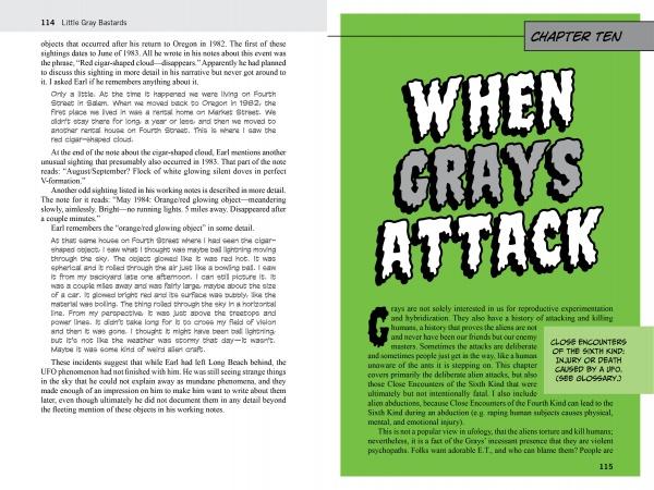A book spread from Little Gray Bastards by Schiffer Publishing, Ltd. shows a right page titled WHEN GRAYS ATTACK in bold green jagged letters, referencing Gray aliens. The left page has two-column text and is numbered 114 at the bottom.
