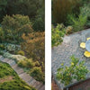 Aerial view of a private garden with stone path, gravel patio, round table, grey umbrella, and yellow chairs amid lush plants—featured in "Regional Landscape Architecture: Southern California" by Schiffer Publishing, Ltd.