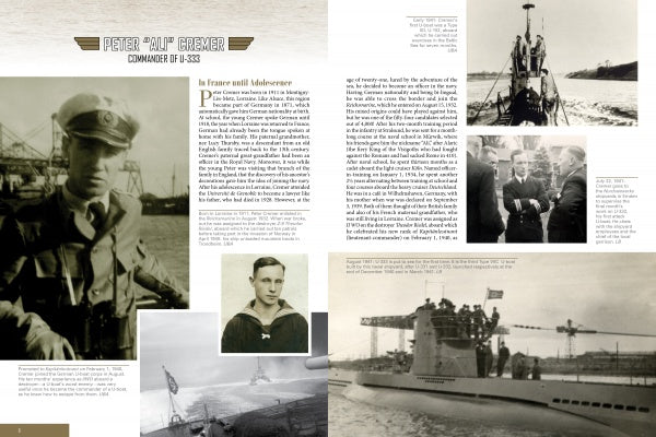 A magazine spread showcases black-and-white photos from "German U-Boat Ace Peter Cremer" by Schiffer Publishing, Ltd., featuring WWII commander Cremer, his crew on U-333, portraits, crew scenes, and submarine images at sea and docked.