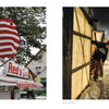 Left: An American flag waves over a red and white awning labeled Red’s, evoking the Maine coast. Right: Someone in winter clothing walks a snowy, lit path at night. "Coastal Maine" by Schiffer Publishing, Ltd.