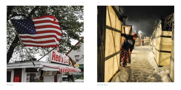 Left: An American flag waves over a red and white awning labeled Red’s, evoking the Maine coast. Right: Someone in winter clothing walks a snowy, lit path at night. "Coastal Maine" by Schiffer Publishing, Ltd.