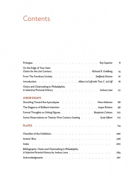 The table of contents in On the Edge of Your Seat (Schiffer Publishing, Ltd.) lists prologue, chair essays, juror essays, plates, artist bios, and bibliography with page numbers and author names in a clean serif font.