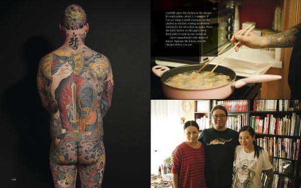 A collage: left, a person with elaborate tattoos stands back to camera; top right, tattooed hands cook with chopsticks—perhaps using Knives and Needles by Schiffer Publishing, Ltd.; bottom right, three people smile by bookshelves.