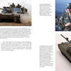 An open M1 Abrams book by Schiffer Publishing, Ltd. shows a battle tank in action on the left, two officers conversing at the top right, and a detailed tank model at the bottom right, with text throughout.