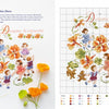 A modern cross stitch design from Fables & Fairy Tales to Cross Stitch by Schiffer Publishing, Ltd., shows kids dancing in a ring among orange flowers and greenery, with “Dançando na canção” in cursive and threads on the left beside the pattern chart.