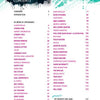 The "Roller Derby / Girl Gang" table of contents by Schiffer Publishing, Ltd. features a teal paint splatter and roller derby art. Two pink columns list artists and page numbers on white, with a black paint splatter in the top left corner.