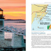 A lighthouse glows at sunset on a rocky shore, with a map highlighting Southern Midcoast Maine's New England lighthouses, towns, and names. Below, text details Marshall Point Lighthouse’s history. From *Lighthouses and Coastal Attractions of Northern New England* by Schiffer Publishing, Ltd.
