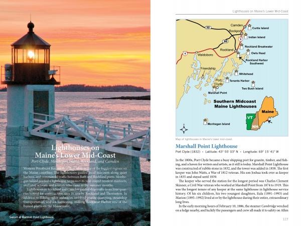 A lighthouse glows at sunset on a rocky shore, with a map highlighting Southern Midcoast Maine's New England lighthouses, towns, and names. Below, text details Marshall Point Lighthouse’s history. From *Lighthouses and Coastal Attractions of Northern New England* by Schiffer Publishing, Ltd.