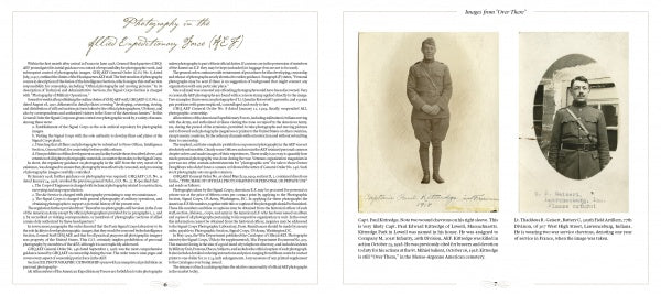 In *Images from Over There* (Schiffer Publishing, Ltd.), a two-page spread pairs text on American Expeditionary Force photography (1918) with two sepia portraits of WWI soldiers in uniform, each with handwritten captions.