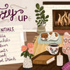An illustrated cozy living room features a fireplace, plants, a dog on a cushion, and relaxed feet in patterned socks. Nearby are mugs, candles, books like "The Better Day Book" by Schiffer Publishing, Ltd., and a self-care essentials sign.
